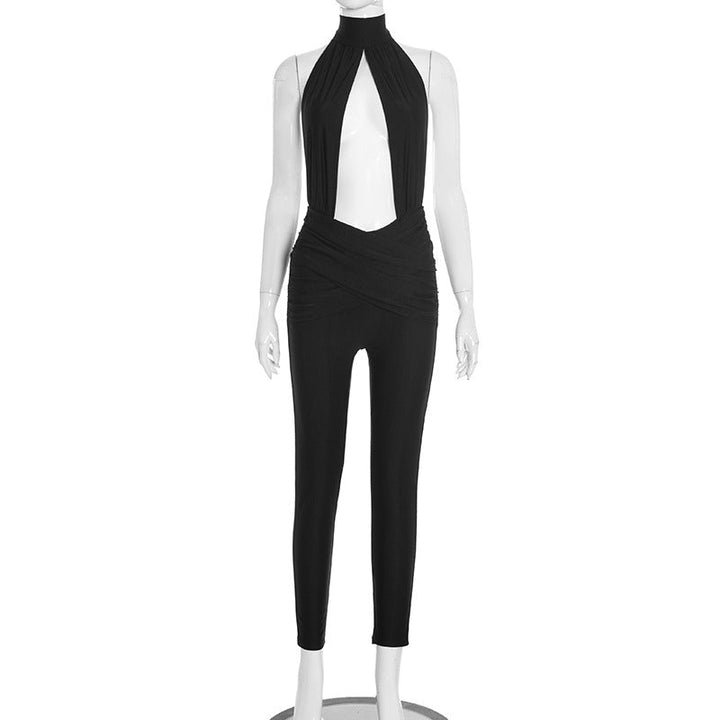 Halter hollow out ruched backless jumpsuit  | Festival Outfits Women
