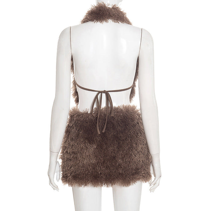 Fluffy halter self tie backless v neck mini skirt set  | Festival Outfits Women