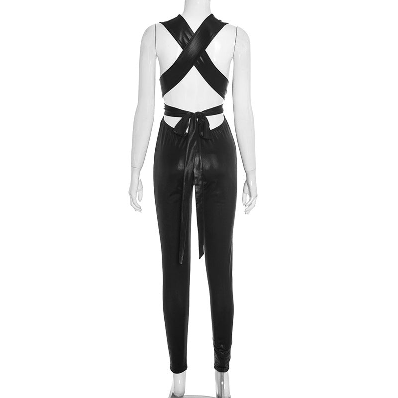 Cross back self tie backless solid jumpsuit  | Festival Outfits Women