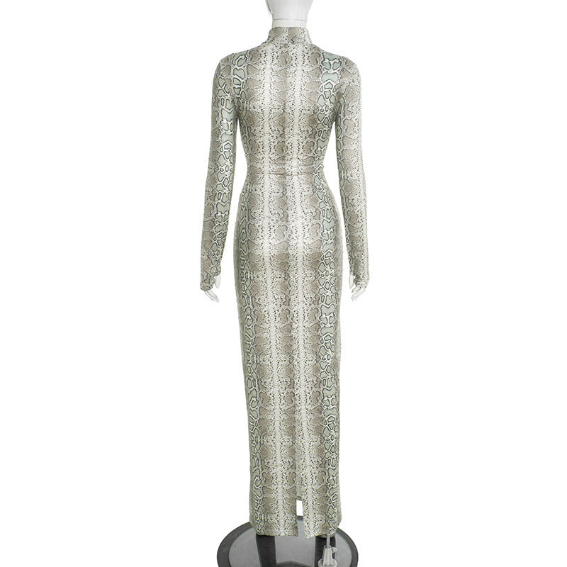 Hollow out long sleeve snakeskin print o ring cut out maxi dress  | Festival Outfits Women-final-sale