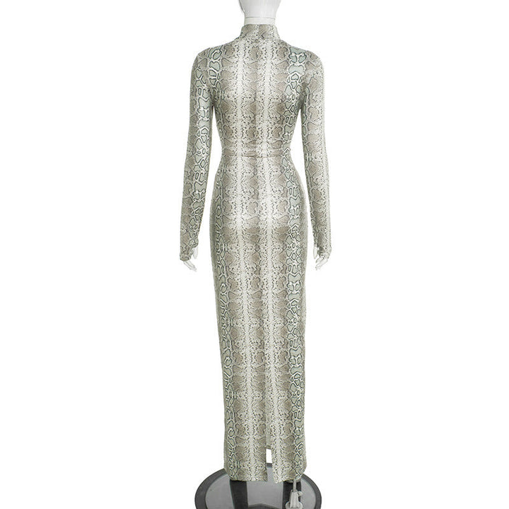 Hollow out long sleeve snakeskin print o ring cut out maxi dress  | Festival Outfits Women-final-sale