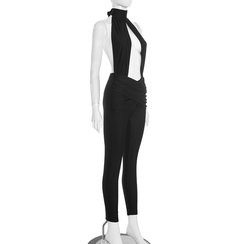 Halter hollow out ruched backless jumpsuit  | Festival Outfits Women