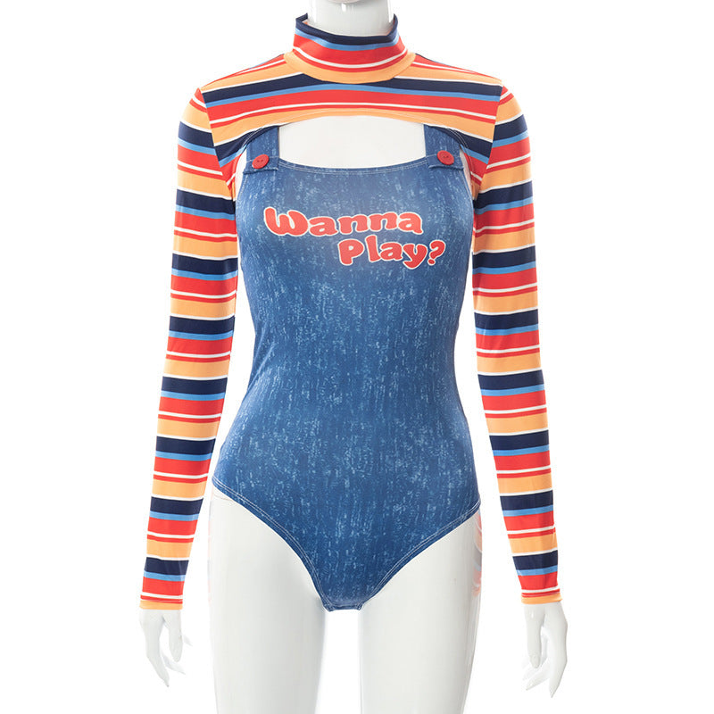 Long sleeve high neck letter pattern 2 piece bodysuit  | Festival Outfits Women-final-sale