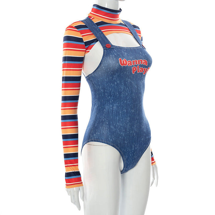 Long sleeve high neck letter pattern 2 piece bodysuit  | Festival Outfits Women-final-sale