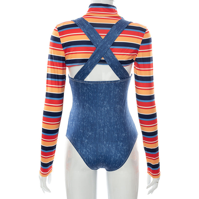 Long sleeve high neck letter pattern 2 piece bodysuit  | Festival Outfits Women-final-sale