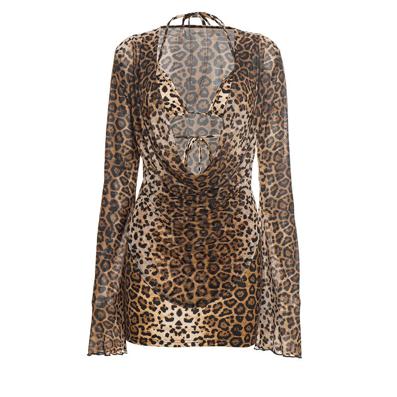 Leopard print long sleeve halter 3 piece mini skirt set  | Festival Outfits Women  | Leopard Print Mini Dress-final-sale