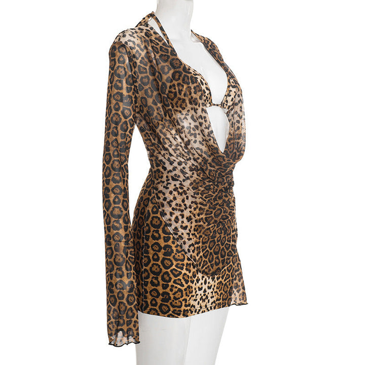 Leopard print long sleeve halter 3 piece mini skirt set  | Festival Outfits Women  | Leopard Print Mini Dress-final-sale