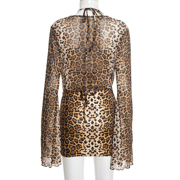 Leopard print long sleeve halter 3 piece mini skirt set  | Festival Outfits Women  | Leopard Print Mini Dress-final-sale