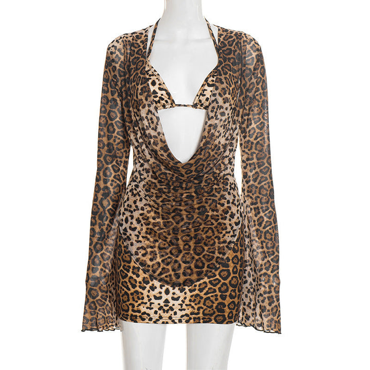 Leopard print long sleeve halter 3 piece mini skirt set  | Festival Outfits Women  | Leopard Print Mini Dress-final-sale