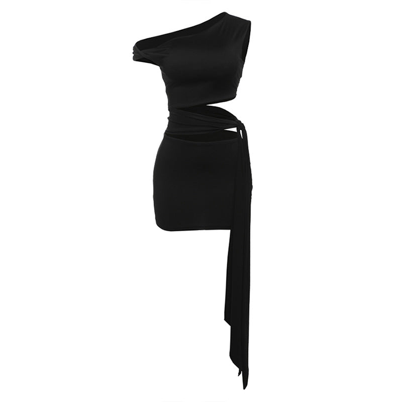 One shoulder hollow out knotted solid cut out mini dress  | Festival Outfits Women