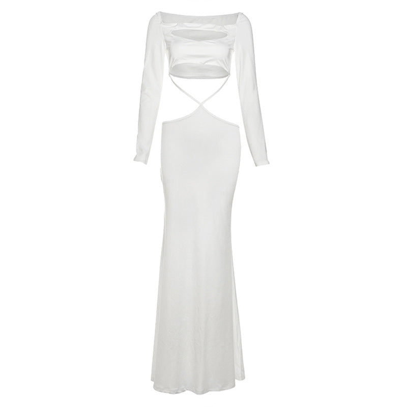 Long sleeve hollow out solid cut out maxi dress  | Festival Outfits Women-final-sale