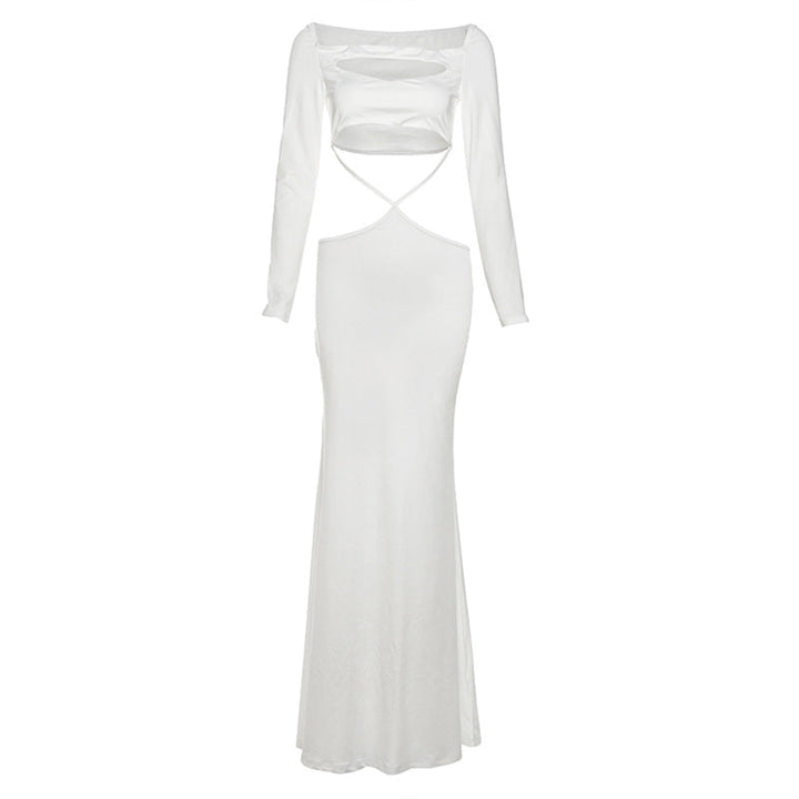 Long sleeve hollow out solid cut out maxi dress  | Festival Outfits Women-final-sale