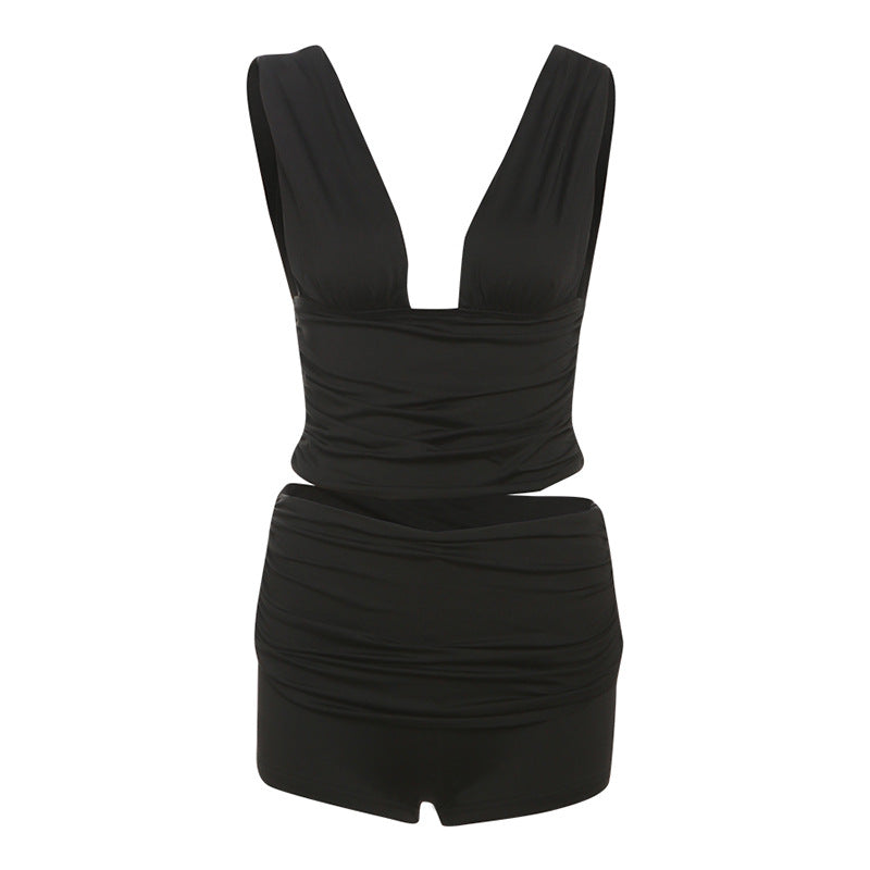 V neck ruched solid short pant set  | Festival Outfits Women