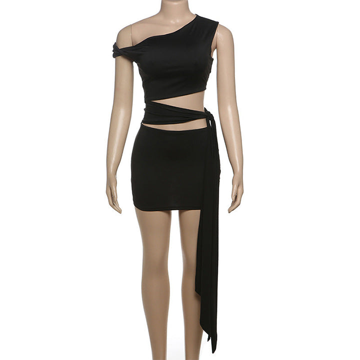 One shoulder hollow out knotted solid cut out mini dress  | Festival Outfits Women