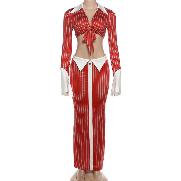 Long sleeve turnover collar striped print maxi skirt set  | Festival Outfits Women