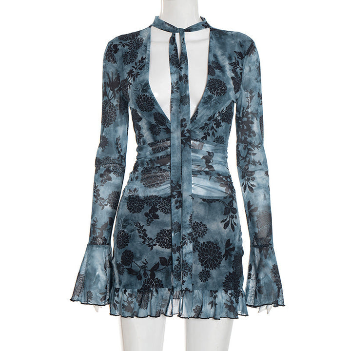 V neck long flared sleeve mesh flower print mini dress  | Festival Outfits Women