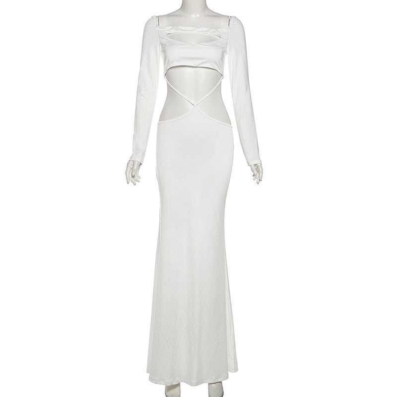 Long sleeve hollow out solid cut out maxi dress  | Festival Outfits Women-final-sale