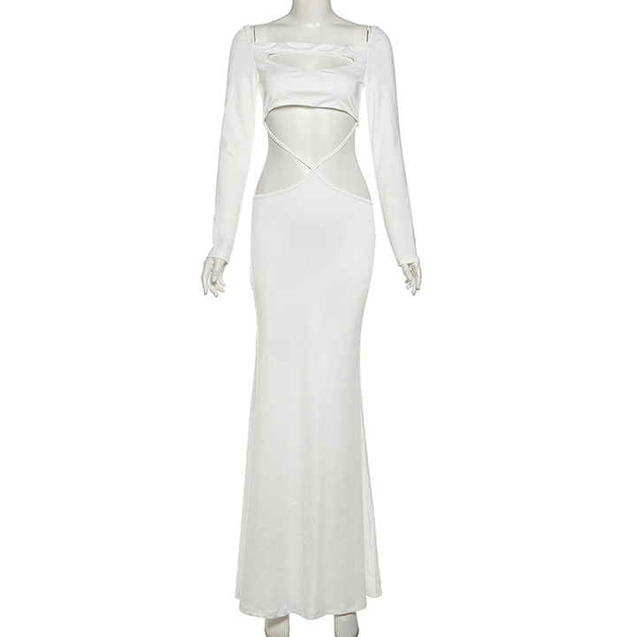 Long sleeve hollow out solid cut out maxi dress  | Festival Outfits Women-final-sale