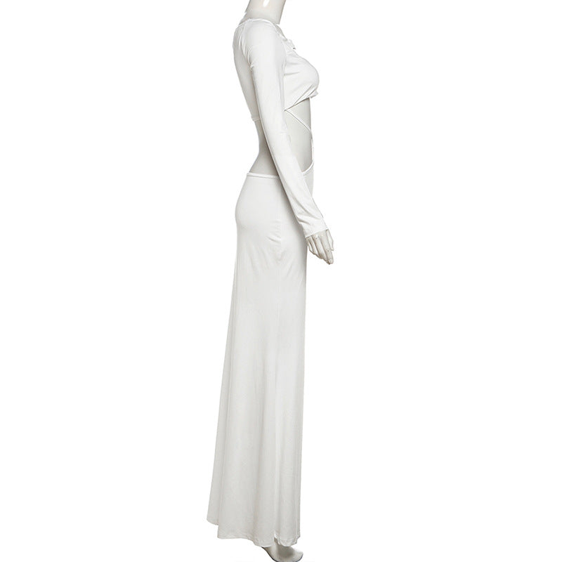 Long sleeve hollow out solid cut out maxi dress  | Festival Outfits Women-final-sale