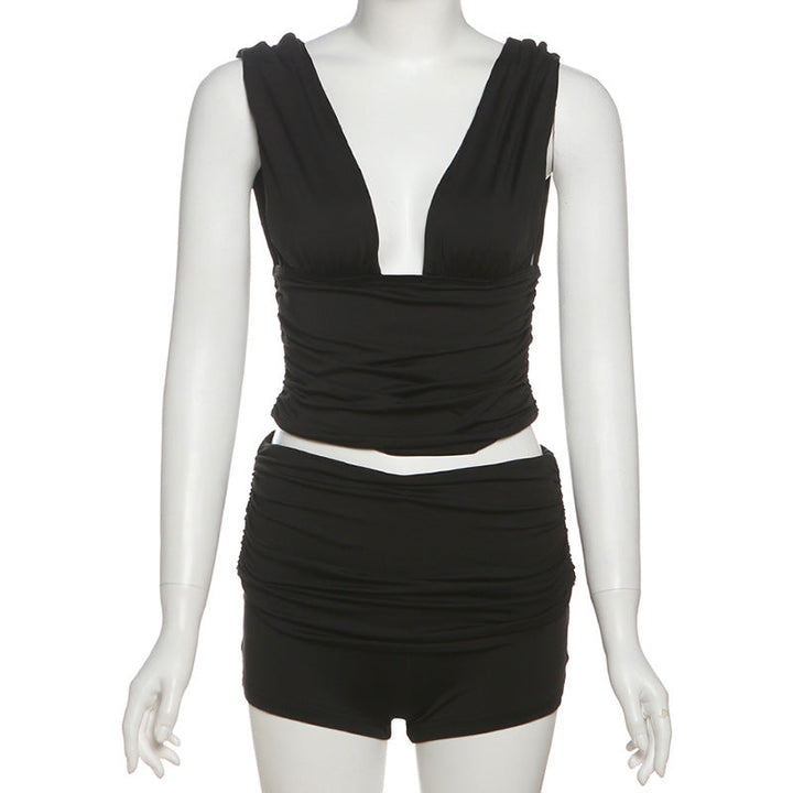 V neck ruched solid short pant set  | Festival Outfits Women