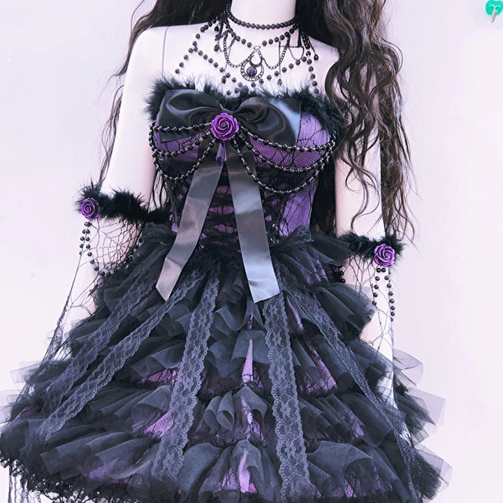 Bowknot mesh ruffle fluffy gloves mini dress  | Festival Outfits Women