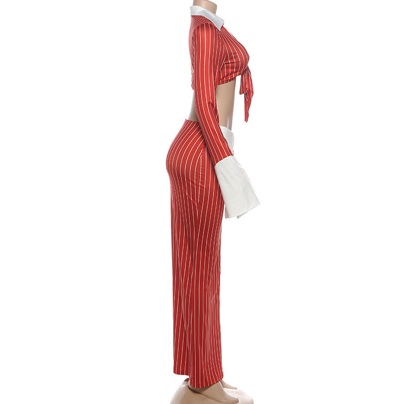 Long sleeve turnover collar striped print maxi skirt set  | Festival Outfits Women