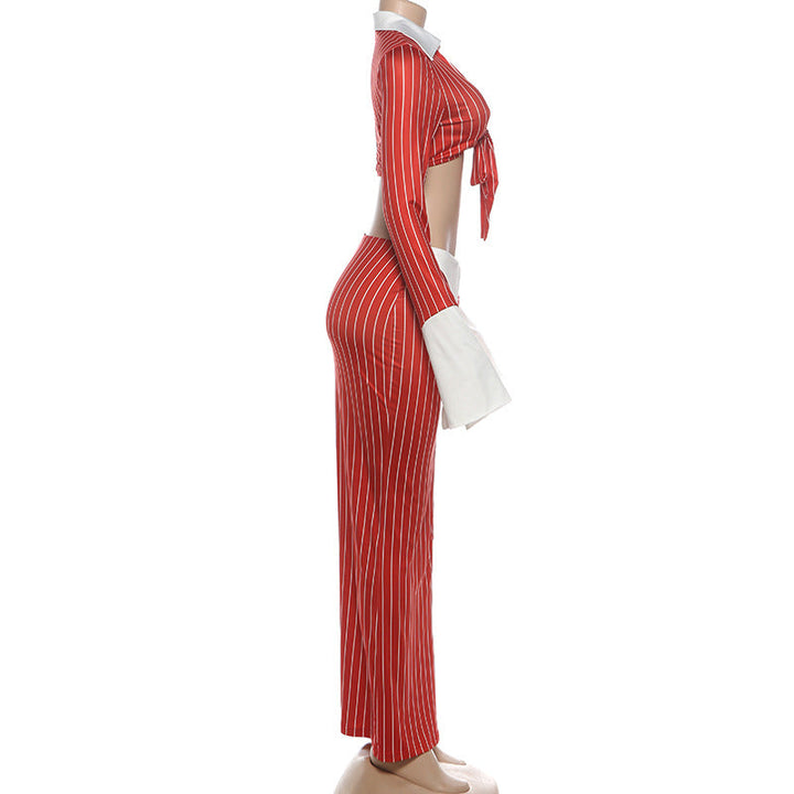 Long sleeve turnover collar striped print maxi skirt set  | Festival Outfits Women