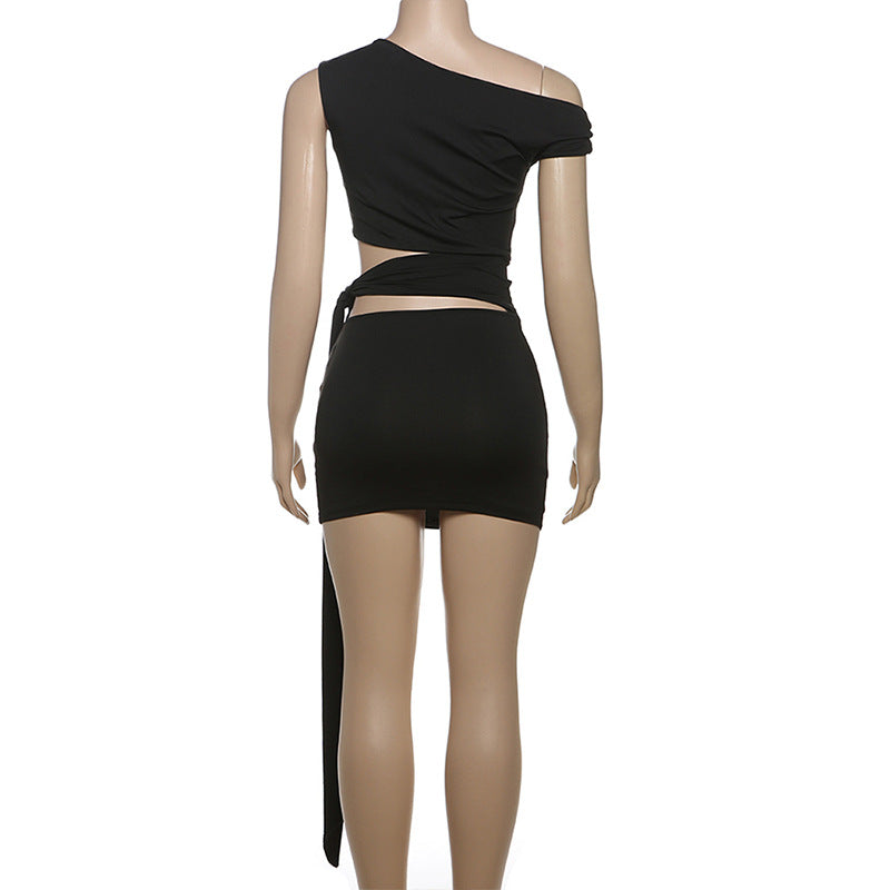 One shoulder hollow out knotted solid cut out mini dress  | Festival Outfits Women