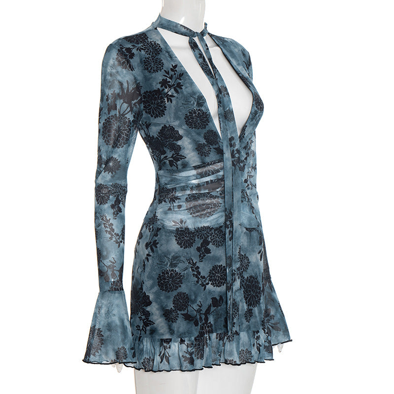 V neck long flared sleeve mesh flower print mini dress  | Festival Outfits Women
