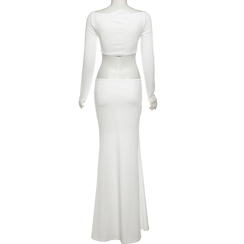 Long sleeve hollow out solid cut out maxi dress  | Festival Outfits Women-final-sale