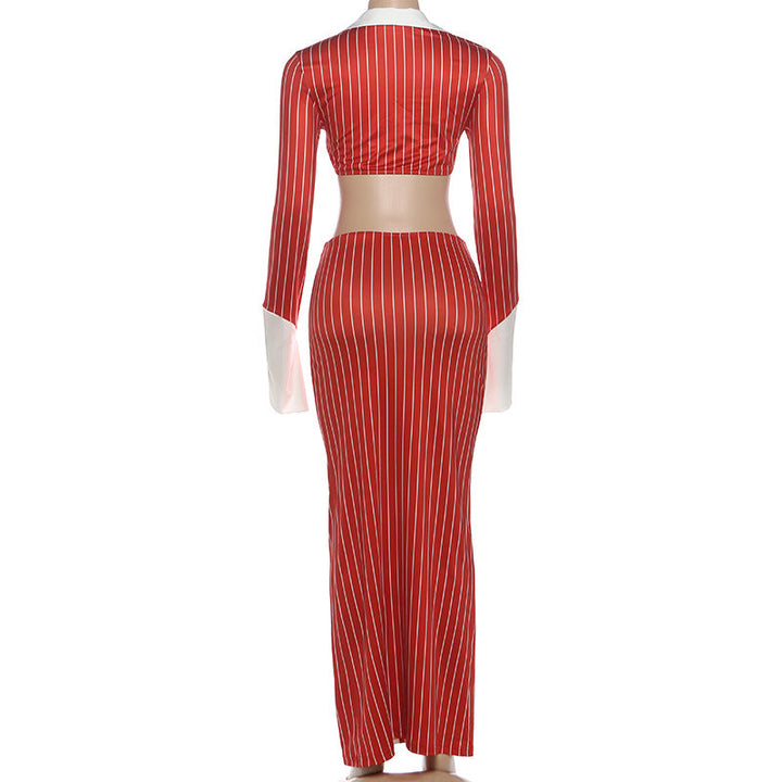 Long sleeve turnover collar striped print maxi skirt set  | Festival Outfits Women