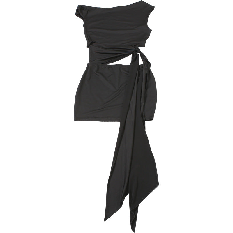 One shoulder hollow out knotted solid cut out mini dress  | Festival Outfits Women