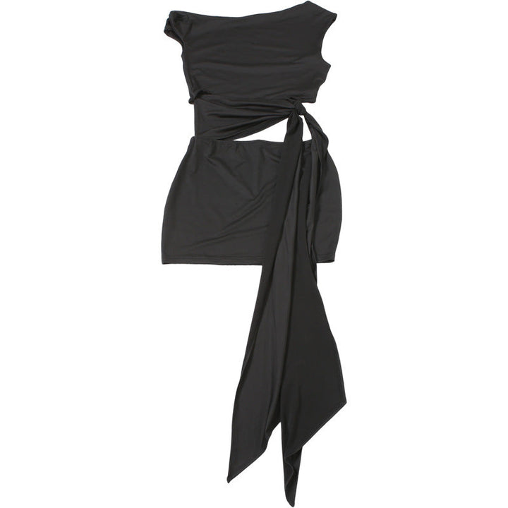 One shoulder hollow out knotted solid cut out mini dress  | Festival Outfits Women