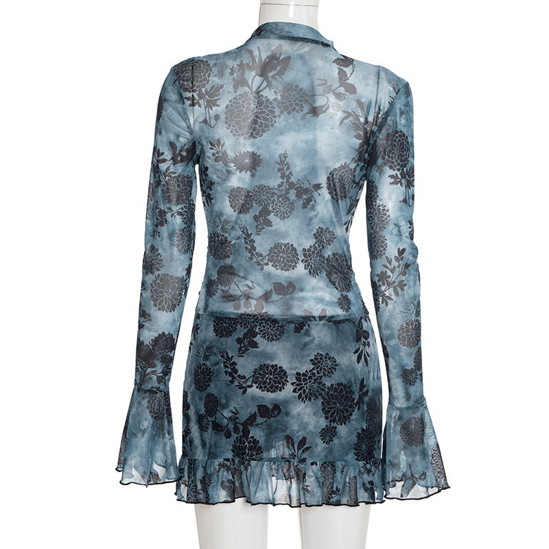 V neck long flared sleeve mesh flower print mini dress  | Festival Outfits Women