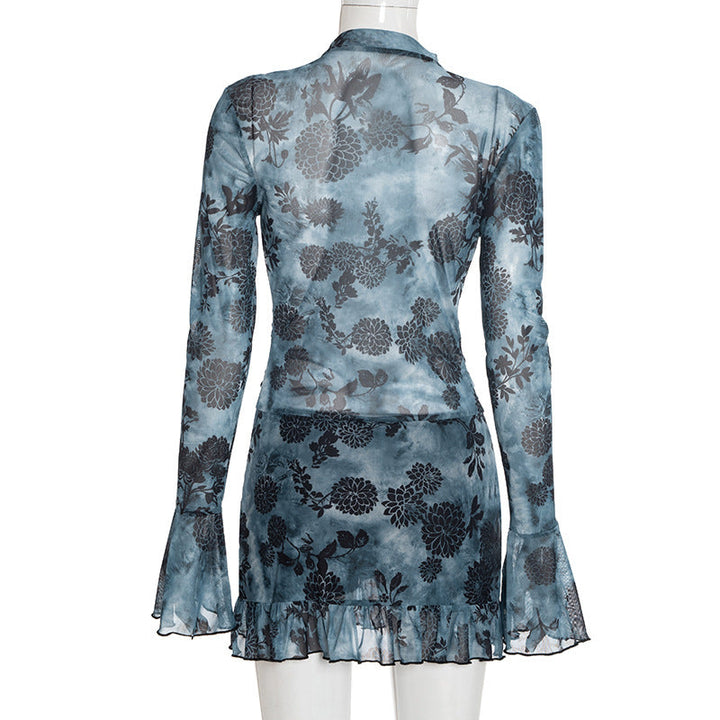 V neck long flared sleeve mesh flower print mini dress  | Festival Outfits Women