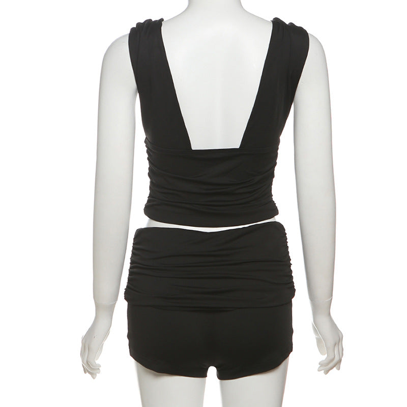V neck ruched solid short pant set  | Festival Outfits Women