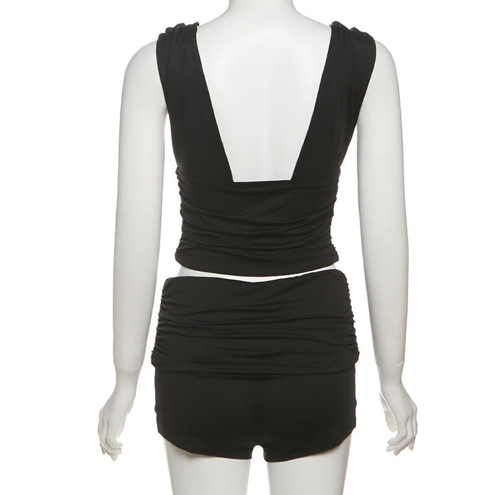 V neck ruched solid short pant set  | Festival Outfits Women