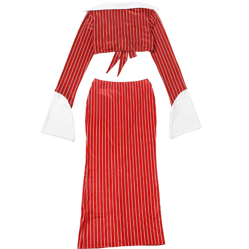 Long sleeve turnover collar striped print maxi skirt set  | Festival Outfits Women
