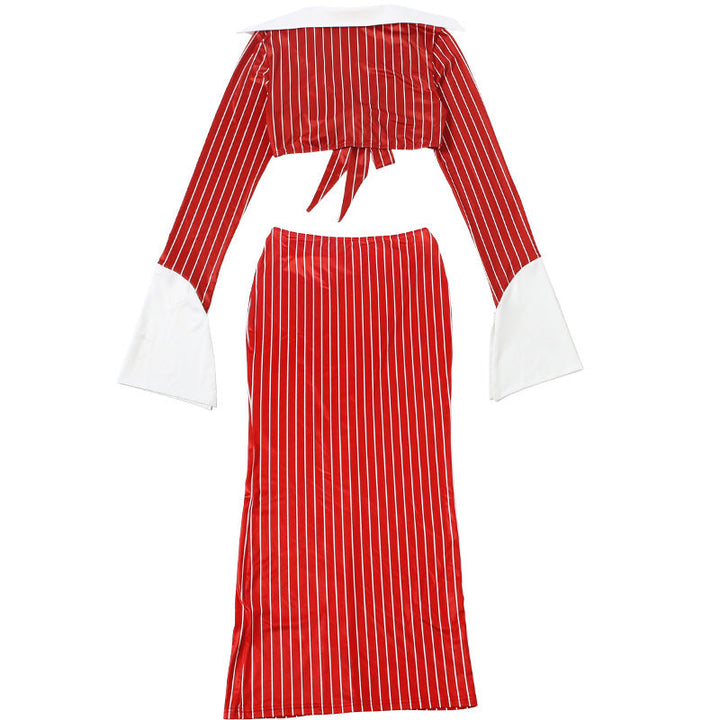 Long sleeve turnover collar striped print maxi skirt set  | Festival Outfits Women
