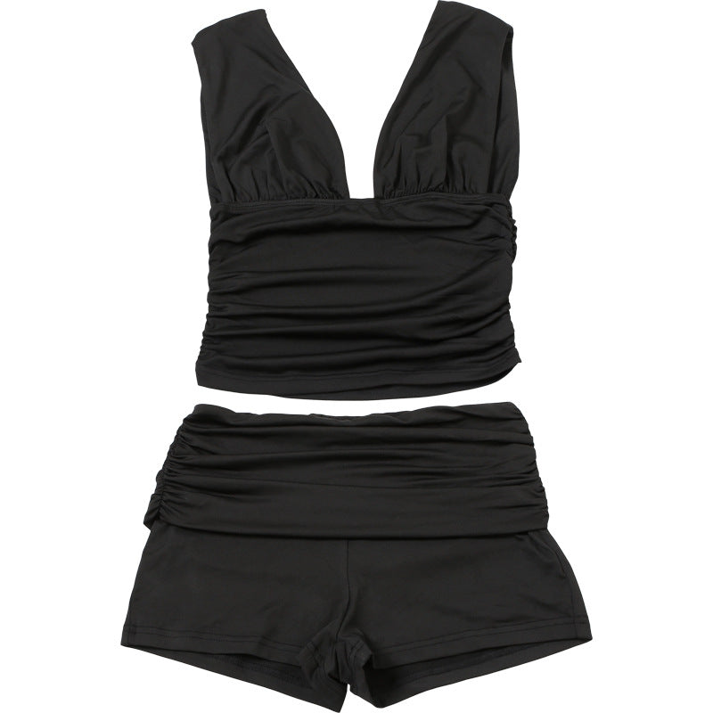 V neck ruched solid short pant set  | Festival Outfits Women
