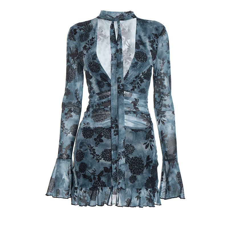 V neck long flared sleeve mesh flower print mini dress  | Festival Outfits Women