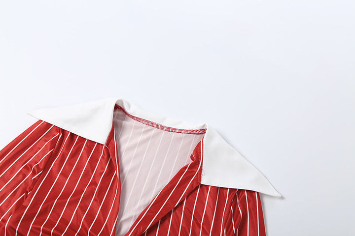 Long sleeve turnover collar striped print maxi skirt set  | Festival Outfits Women