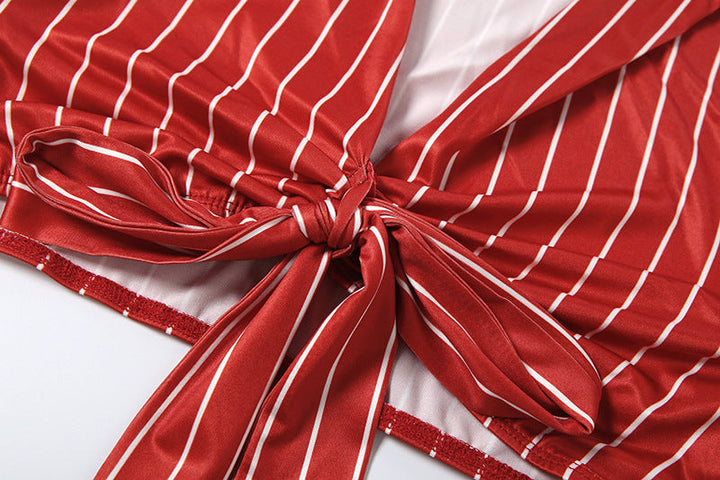 Long sleeve turnover collar striped print maxi skirt set  | Festival Outfits Women