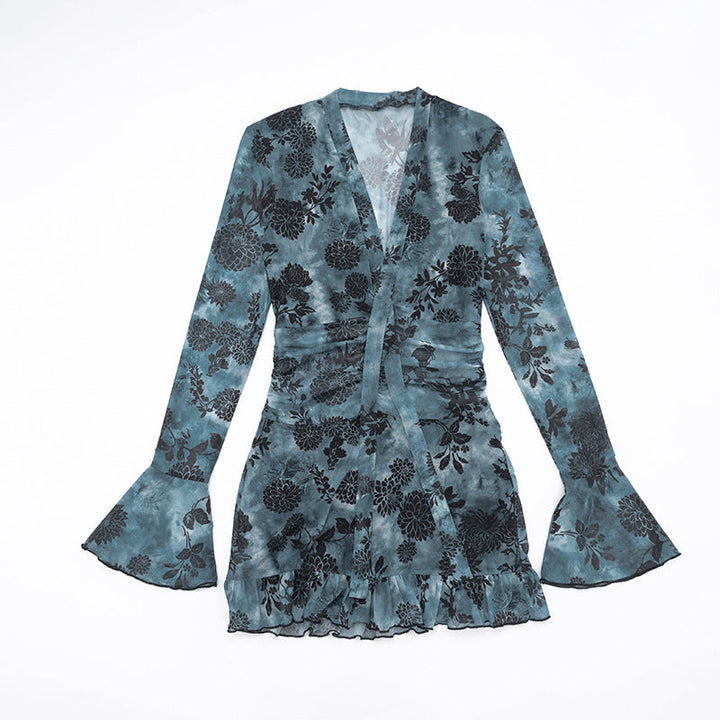 V neck long flared sleeve mesh flower print mini dress  | Festival Outfits Women