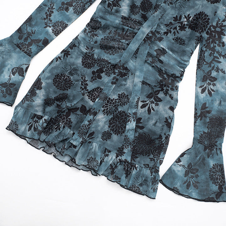 V neck long flared sleeve mesh flower print mini dress  | Festival Outfits Women