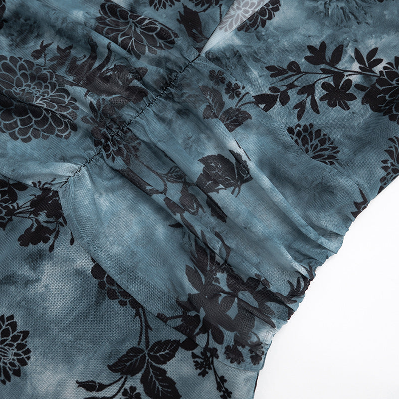 V neck long flared sleeve mesh flower print mini dress  | Festival Outfits Women