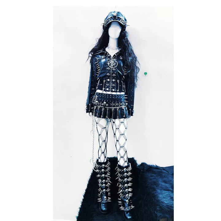 Long sleeve PU leather rivet top  | Festival Outfits Women