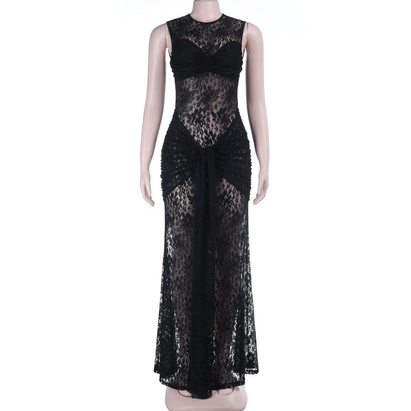 Crewneck sleeveless ruched lace maxi dress  | Festival Outfits Women-final-sale