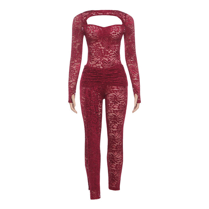Long sleeve ruched hollow out lace pant set  | Festival Outfits Women