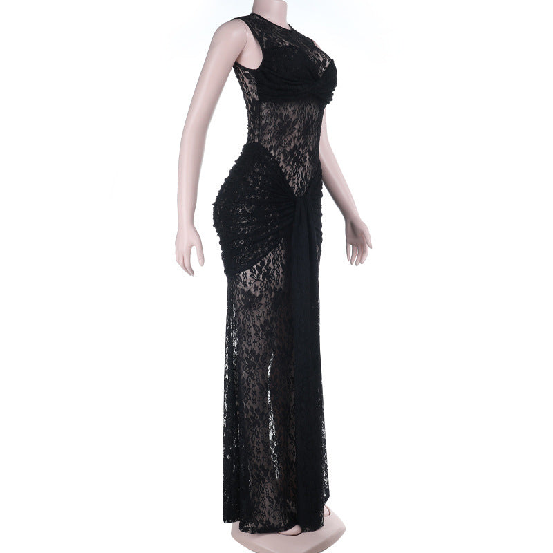 Crewneck sleeveless ruched lace maxi dress  | Festival Outfits Women-final-sale